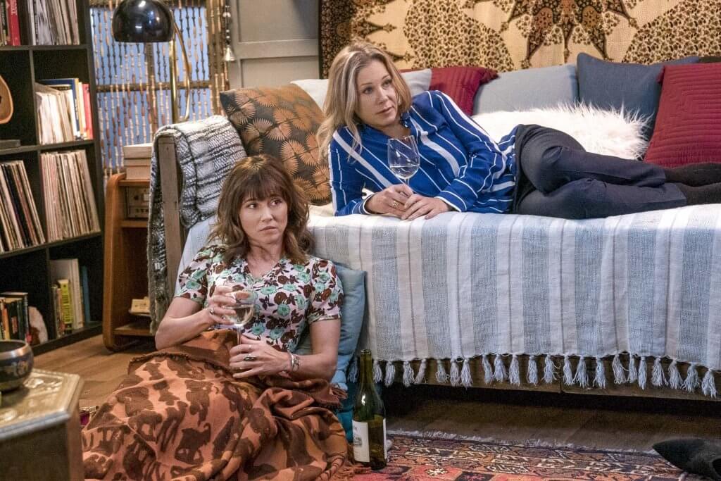 Christina Applegate portraying her 'Dead To Me' character (Jen) alongside co-star Linda Cardellini (who plays Judy)