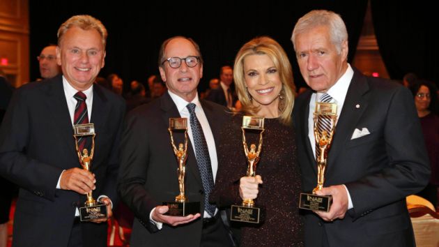 Pat Sajak, left, Harry Friedman, Vanna White and Alex Trebek at the 2018 NAB Broadcasting Hall of Fame Awards