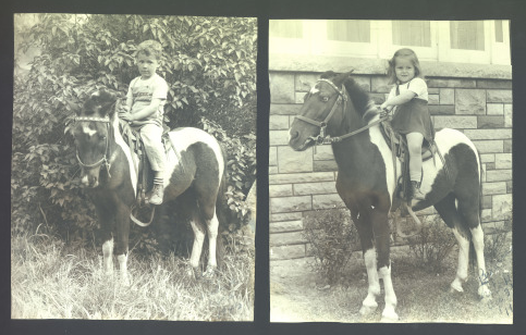Alex Trebek sitting on a horse as a child with his sister as well