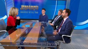 Three all-time best 'Jeopardy!' champions James Holzhauer, Ken Jennings, and Brad Rutter on "GMA" wearing purple ribbons in support of Alex Trebek's cancer journey