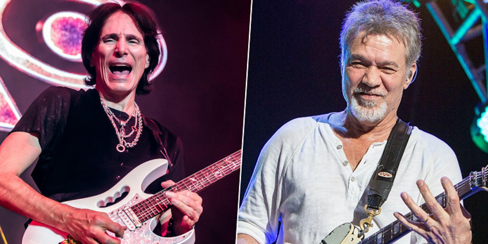 Steve Vai and Eddie Van Halen depicted in different photos each playing guitars