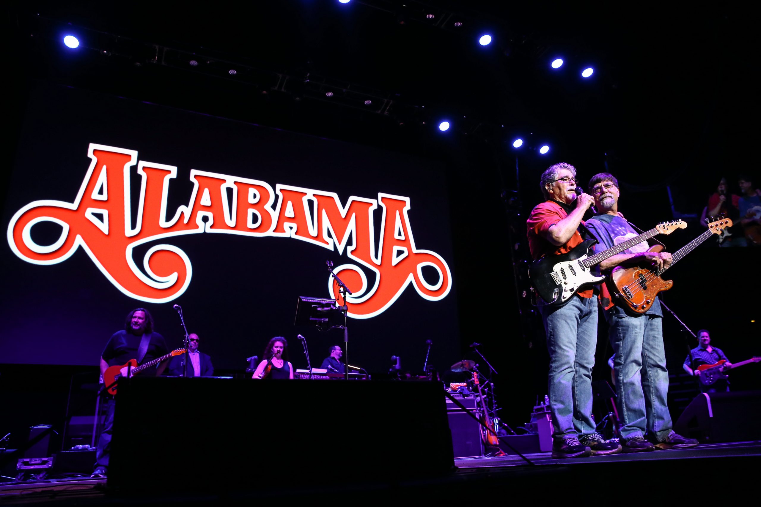 NASHVILLE, TENNESSEE - JULY 02: Randy Owen and Teddy Gentry of Alabama perform during the opening night of the Alabama 50th Anniversary Tour at Bridgestone Arena on July 02, 2021 in Nashville, Tennessee. (Photo by Terry Wyatt/Getty Images)